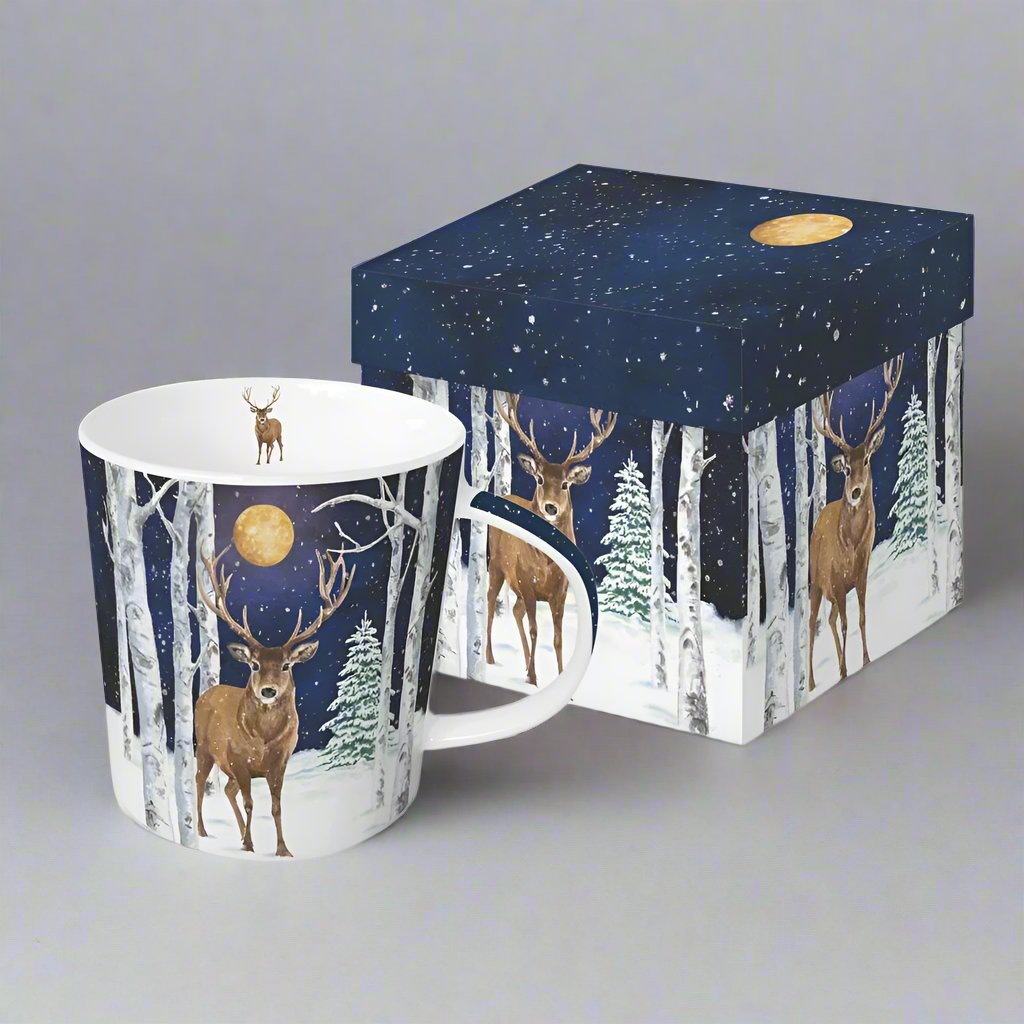 Midnight Moon Winter Stag Gift Box Mug by Paperproduct Designs