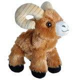 Plush toy of a brown ram with large horns on a white background