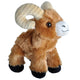 Plush toy of a brown ram with large horns on a white background