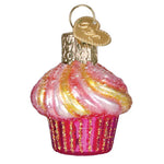 Decorative cupcake ornament with pink and yellow swirls on a white background