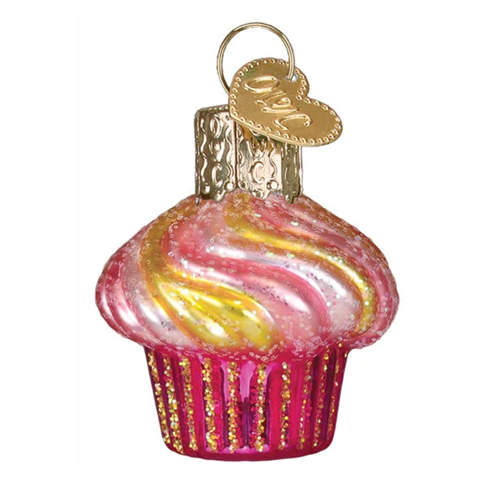 Decorative glass cupcake ornament with pink and yellow swirls on a white background
