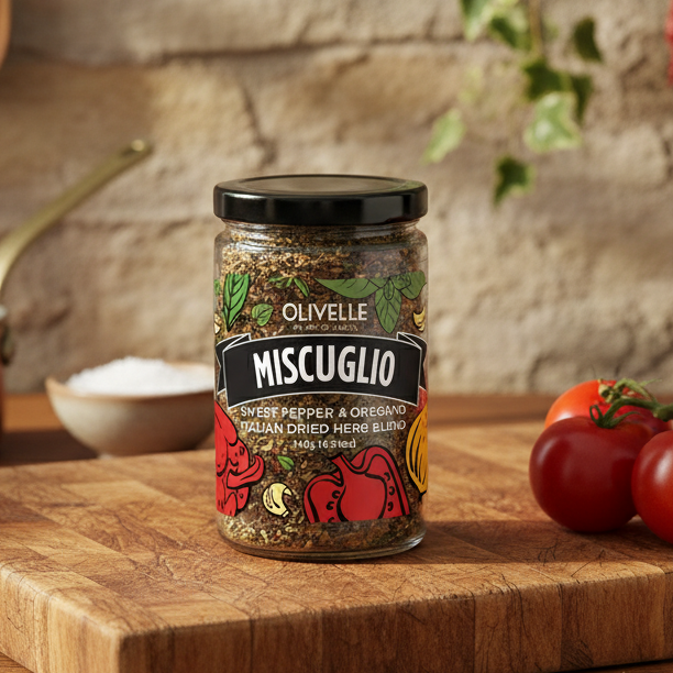 Jar of Olivelle Miscuglio on a wooden cutting board with tomatoes and garlic.