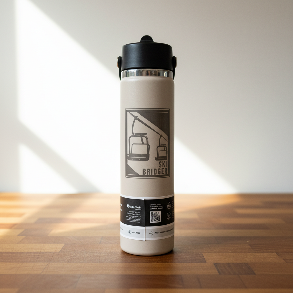 White tumbler with black lid on a wooden surface with light background