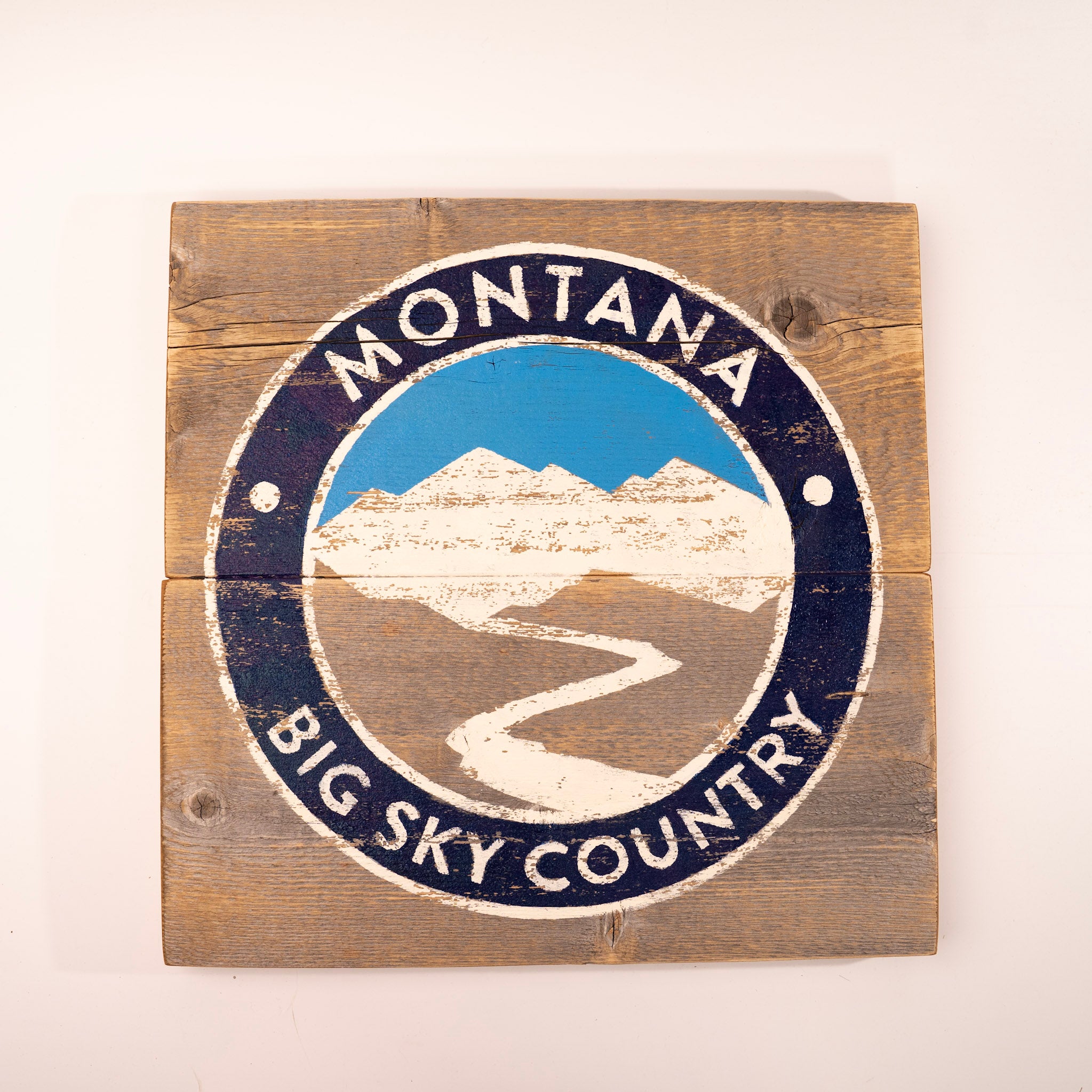 Montana Big Sky Country with Mountains and River Sign by Salvage Signs
