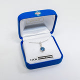 A silver pendant necklace with a round-cut blue sapphire gemstone, presented in an open blue jewelry box with a white interior. The pendant is labeled with a silver tag reading '14KW MONTANA SAPPHIRE'.