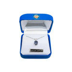 A silver necklace with a round Montana Sapphire pendant displayed inside an open blue jewelry box with a white interior. The box has a Montana Sapphire USA logo on the inside lid and a silver brand plaque at the bottom.