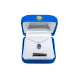 A silver necklace with a round Montana Sapphire pendant displayed inside an open blue jewelry box with a white interior. The box has a Montana Sapphire USA logo on the inside lid and a silver brand plaque at the bottom.