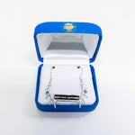 Silver earrings with Montana Sapphire in a blue jewelry box on a white background