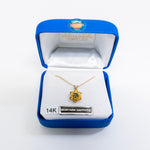 Gold necklace with pendant in a Montana Sapphire jewelry box on a white background
