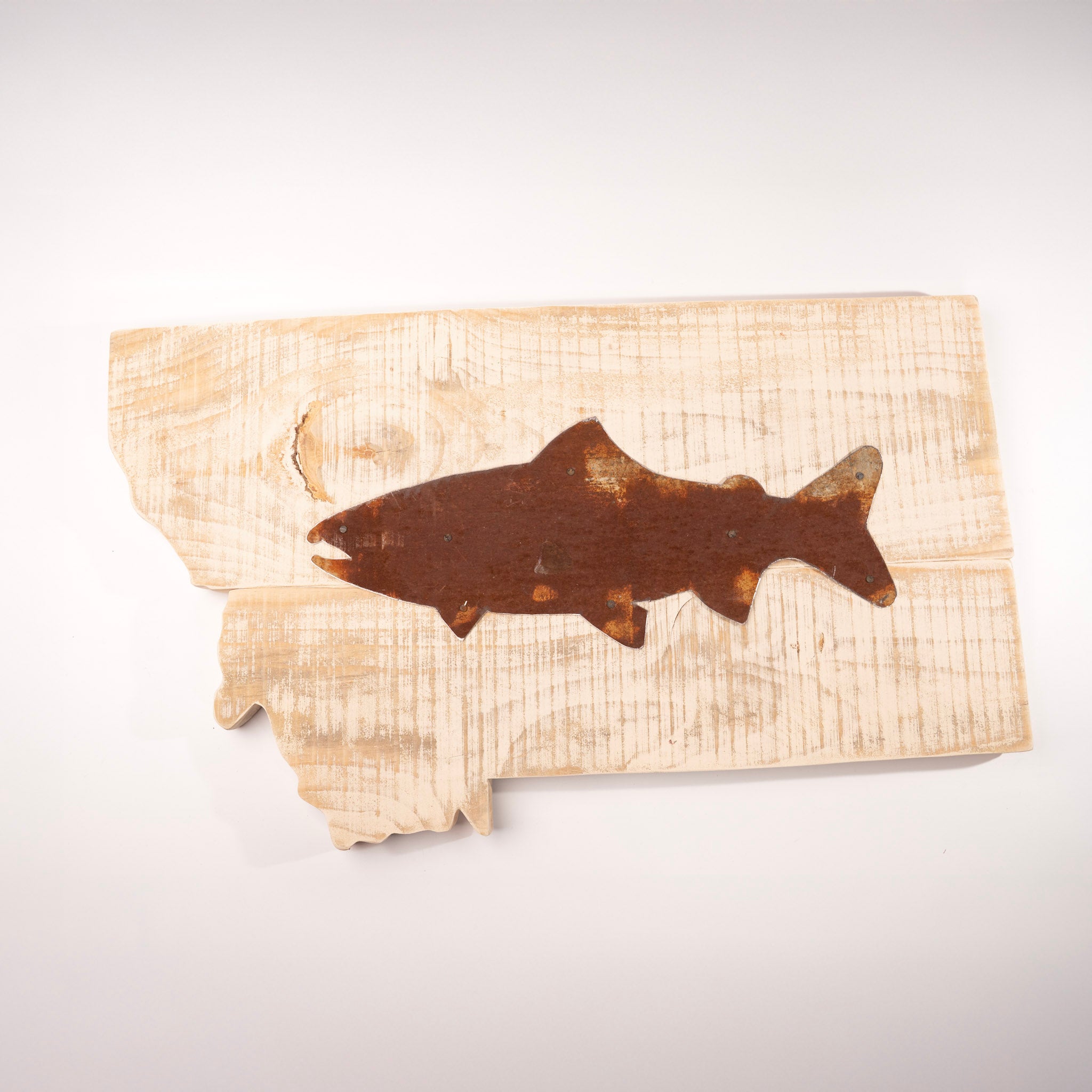 barnwood sign with fishing net Montana State Cutout Barnwood Sign with Metal Trout by Salvage Signs – Montana Gift Corral