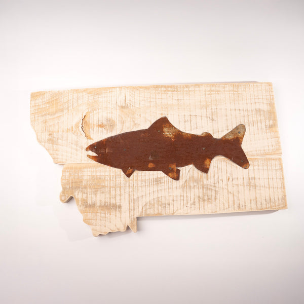 Montana State Cutout Barnwood Sign with Metal Trout by Salvage Signs – Montana Gift Corral