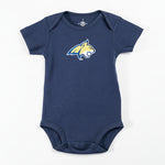 Navy blue baby onesie with a logo on a white background