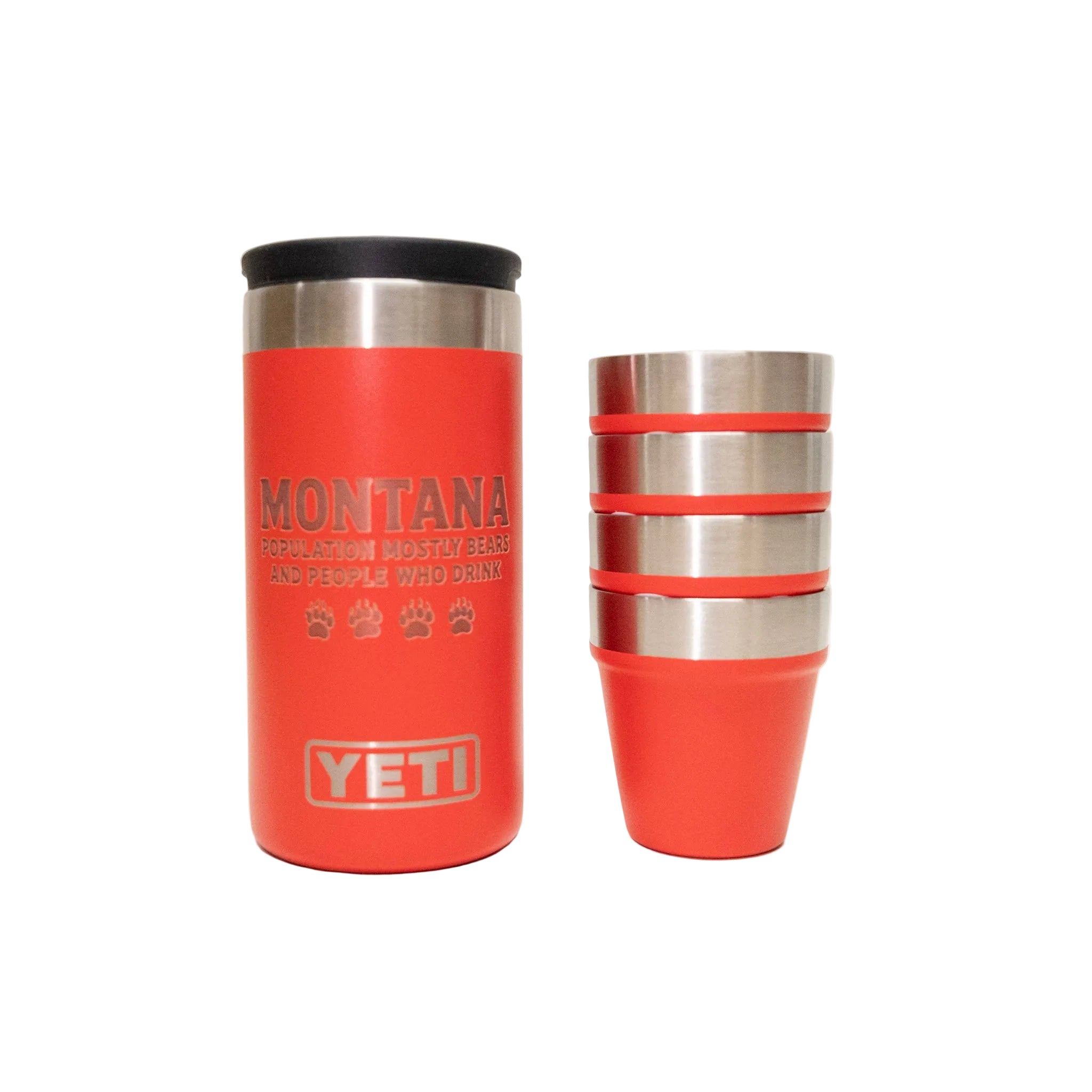Red YETI tumbler with 'Montana' text on a white background