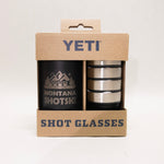 YETI branded shot glasses in a cardboard packaging with 'Montana Shotski' branding.