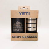 YETI branded shot glasses in a cardboard packaging with 'Montana Shotski' branding.