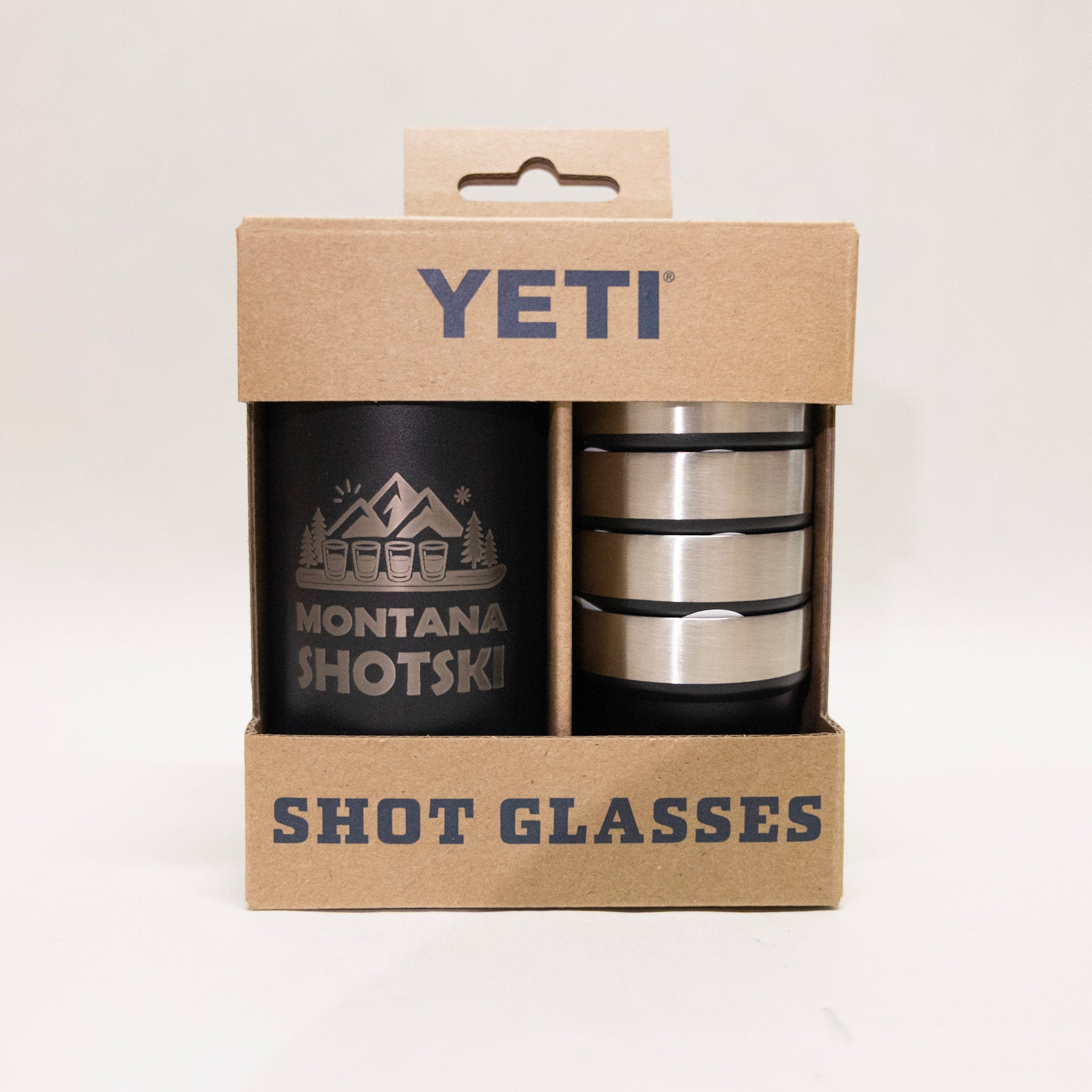 YETI branded shot glasses in a cardboard packaging with 'Montana Shotski' branding.