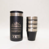 Black YETI tumbler with 'Montana Shotski' branding on a white background