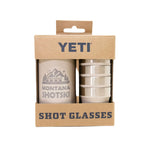 YETI shot glasses in packaging with 'Montana Shotski' branding on a white background