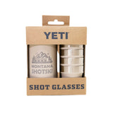 YETI shot glasses in packaging with 'Montana Shotski' branding on a white background
