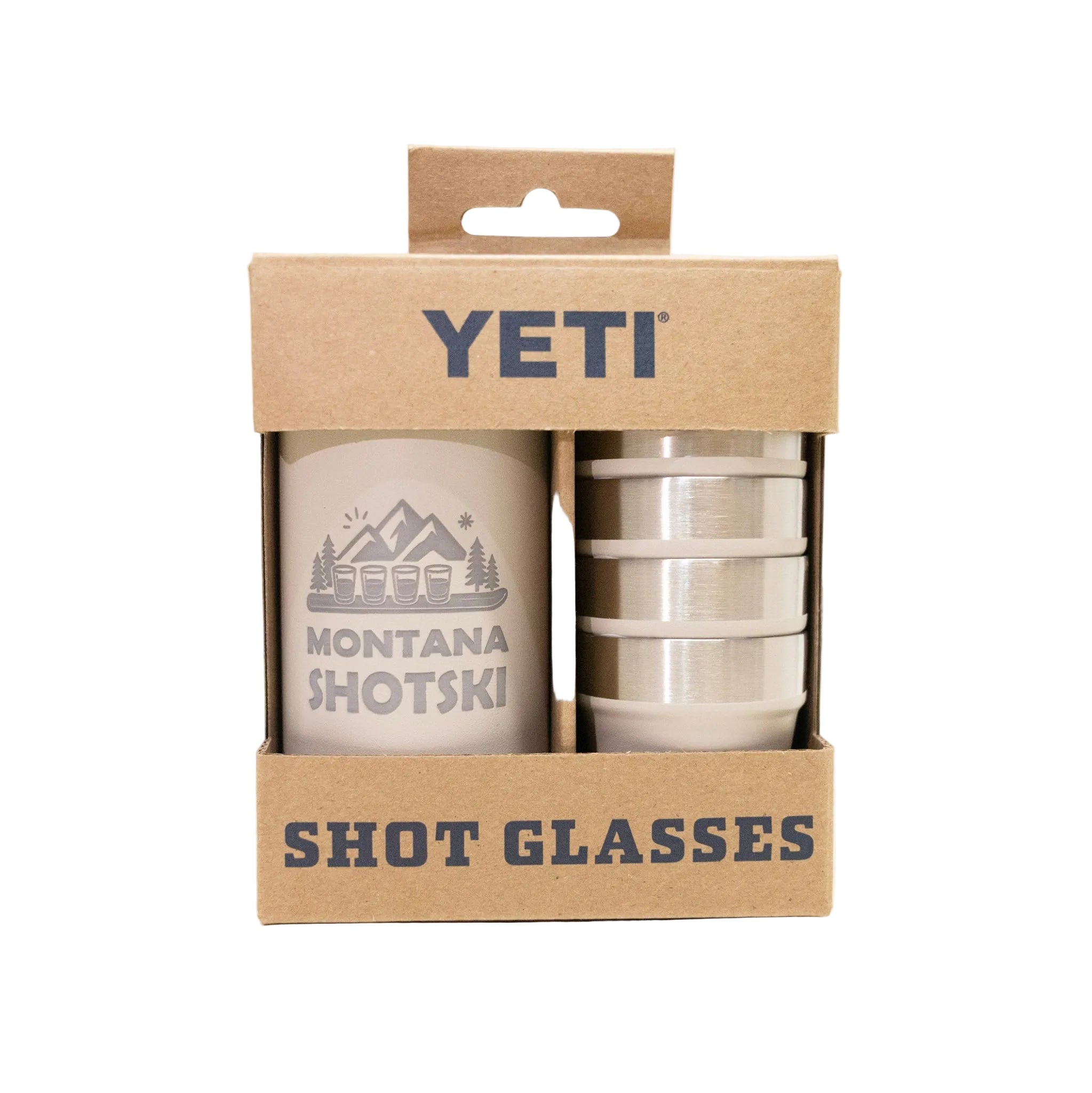 YETI shot glasses in packaging with 'Montana Shotski' branding on a white background