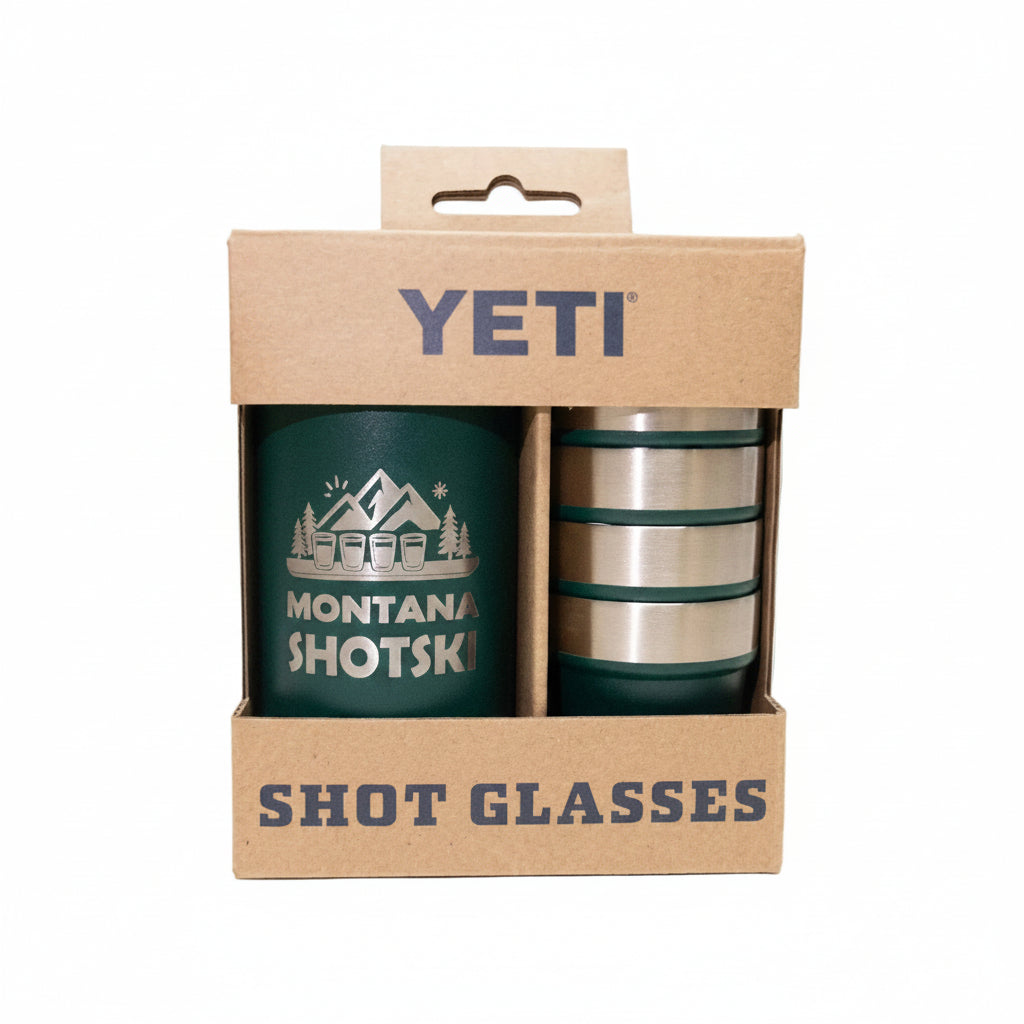 YETI shot glasses in a cardboard packaging with 'YETI' branding.
