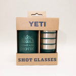 YETI shot glasses in a cardboard packaging with 'YETI' branding.