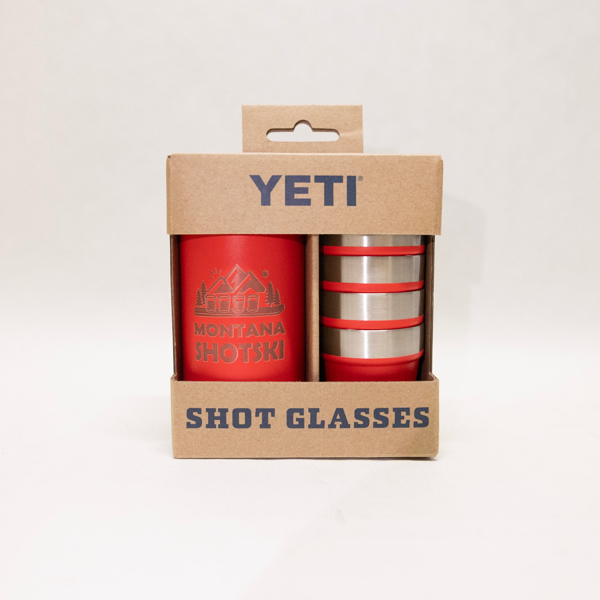YETI shot glasses in packaging with 'Montana Shotski' branding on a white background