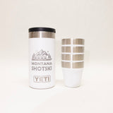 White Yeti tumbler with black lid and silver accents on a white background