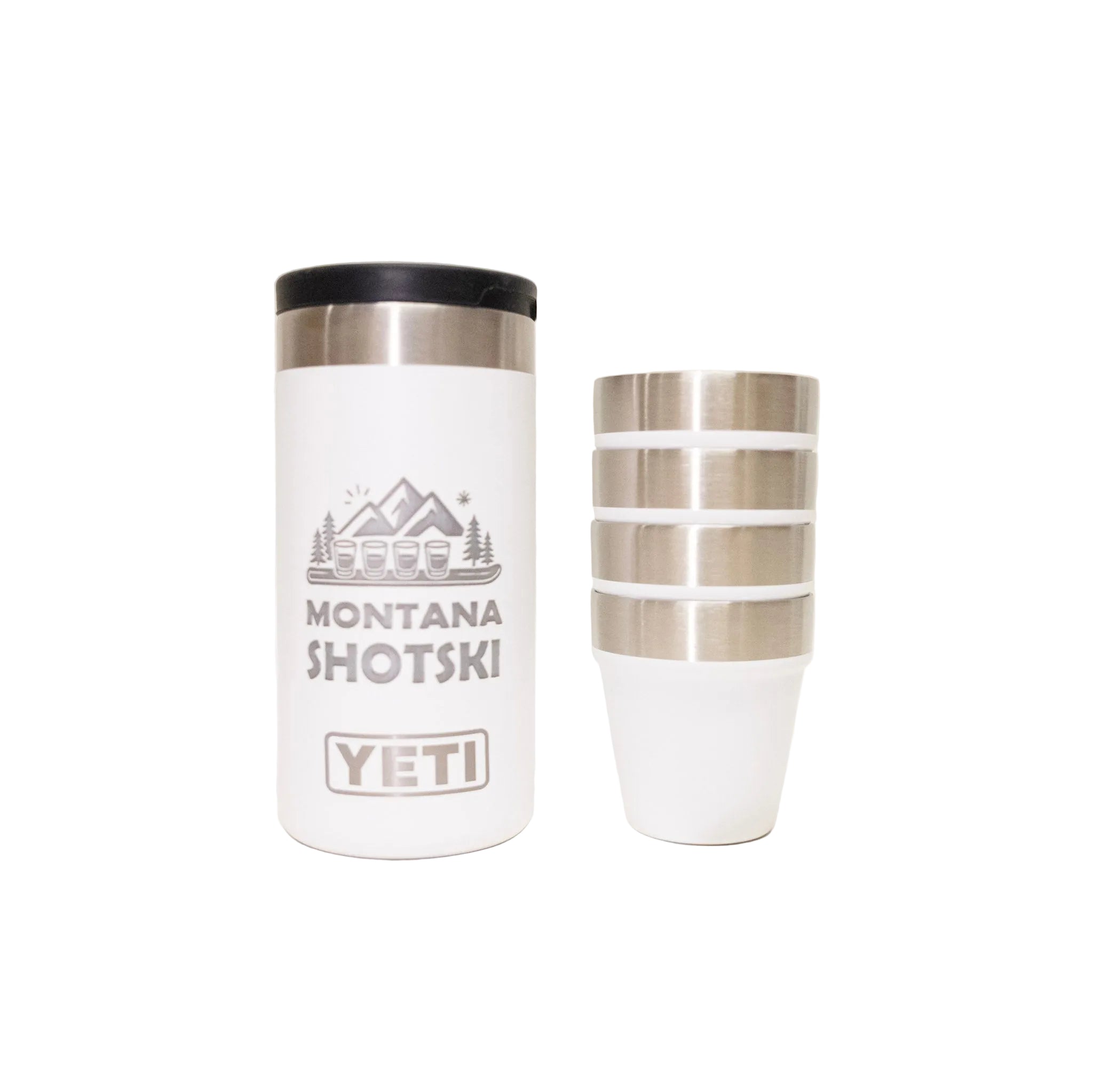 White Yeti tumbler with black lid and silver accents on a white background
