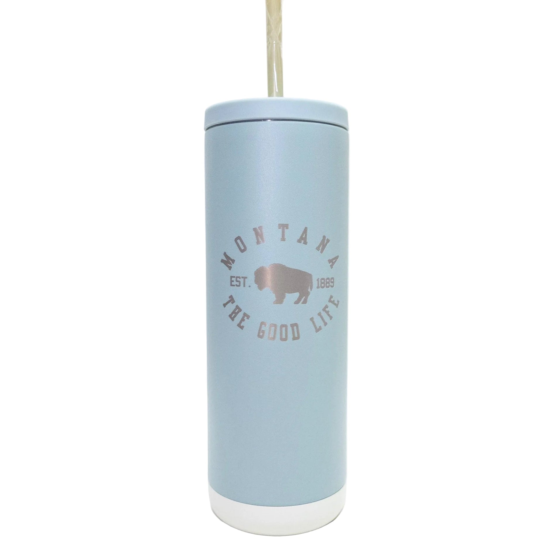 Light blue tumbler with straw featuring 'Montana The Good Life' text and logo on a white background