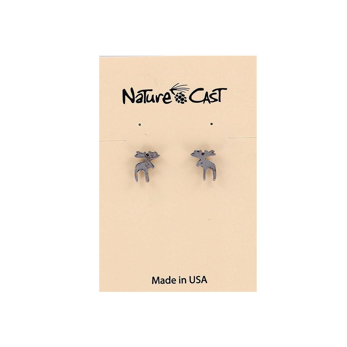 Nature Cast moose earrings on a beige card with 'Made in USA' text