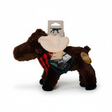 Plush moose toy with tags on a white background