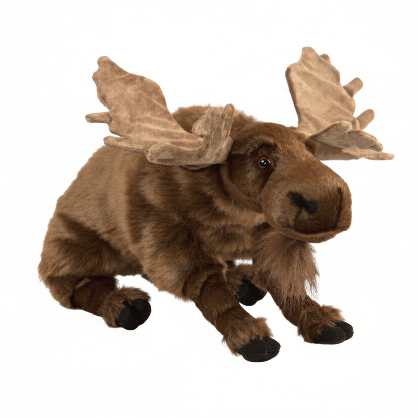 A brown plush moose toy with large tan antlers, shown on a plain white background.