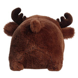 back of a plush moose toy on a white background