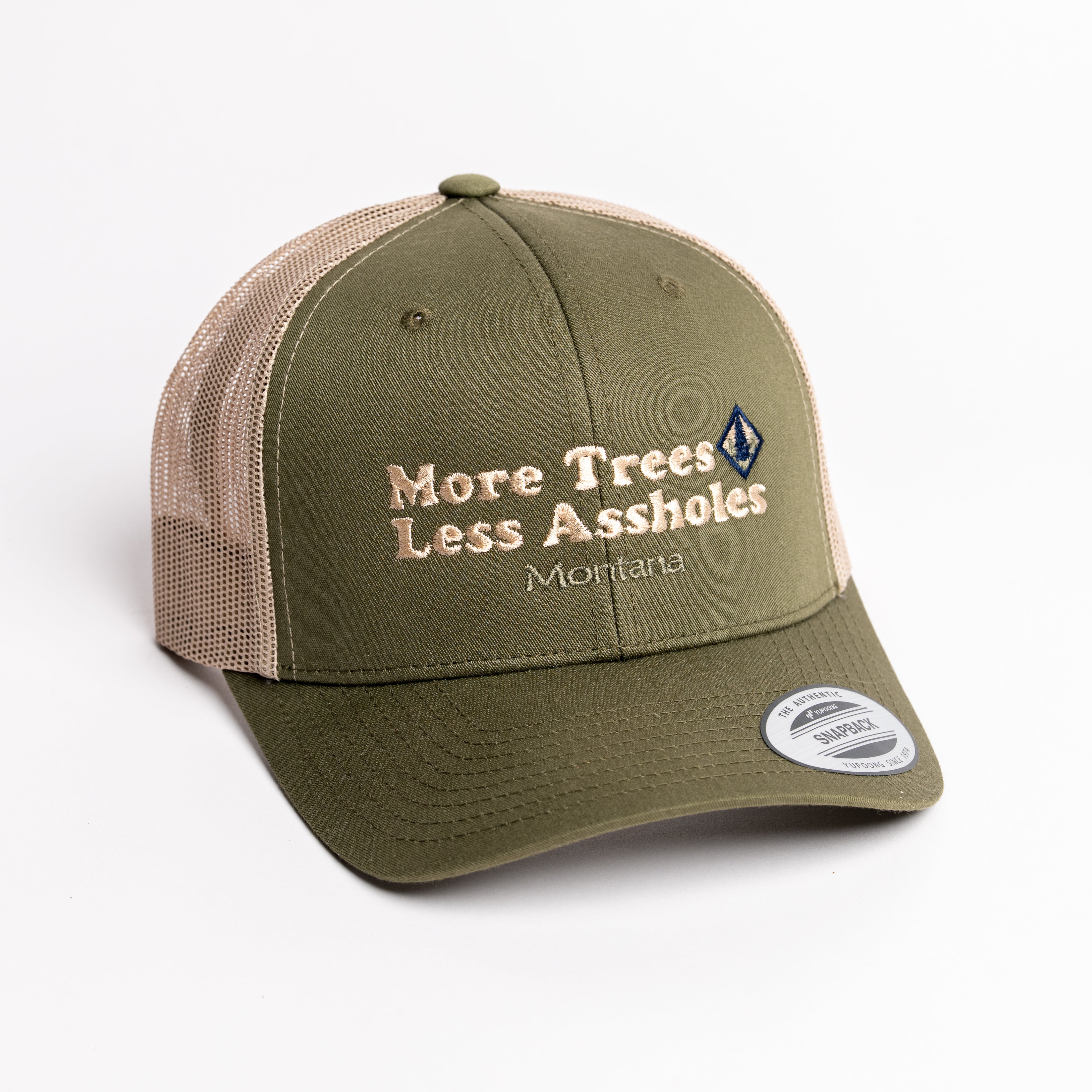 Green and beige cap with text and logo on a white background