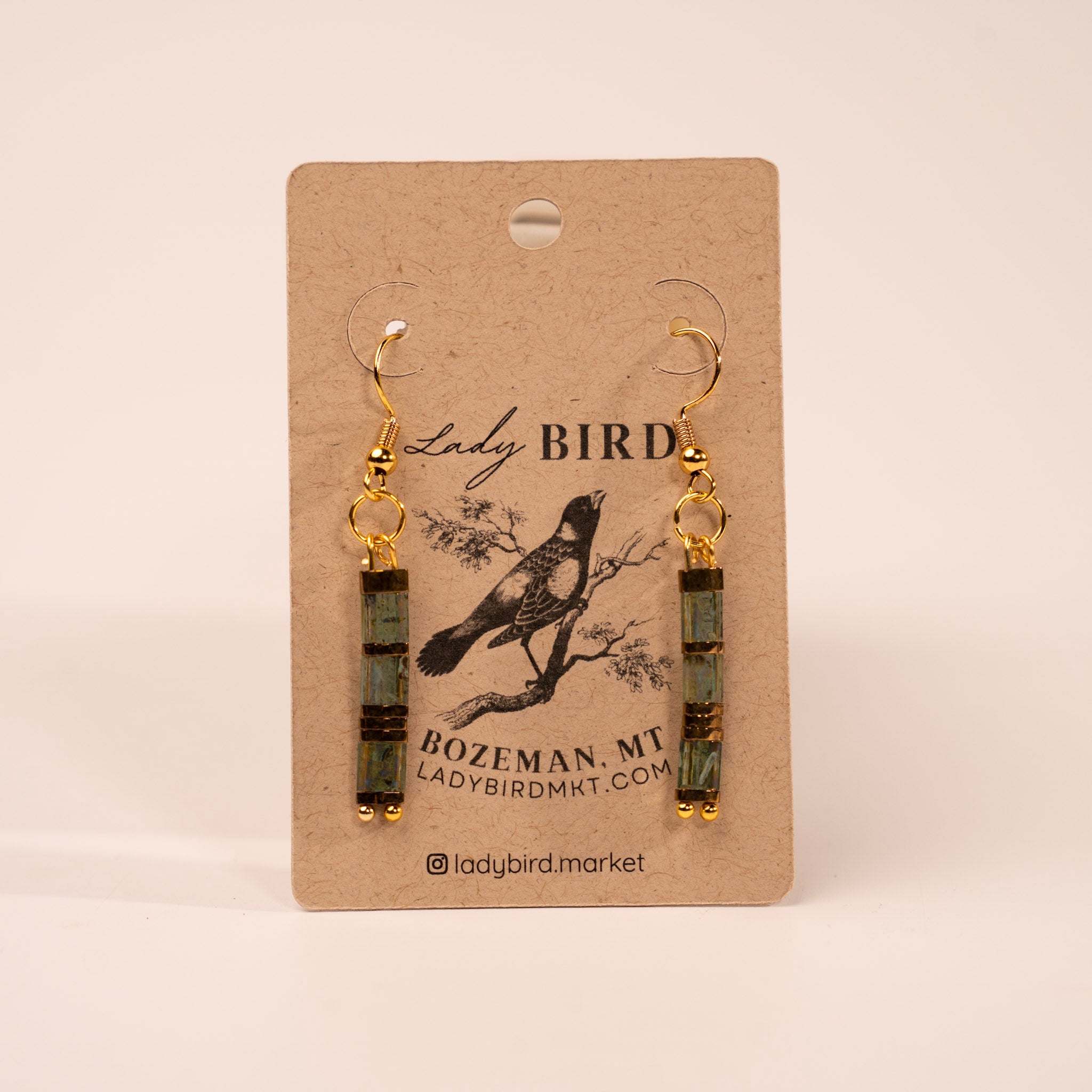 Mossy Green and Gold Tila Bead Dangle Earrings