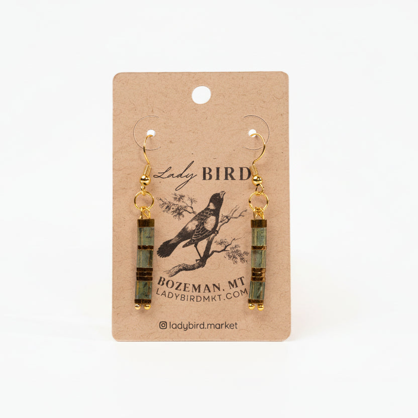 Mossy Green and Gold Tila Bead Dangle Earrings