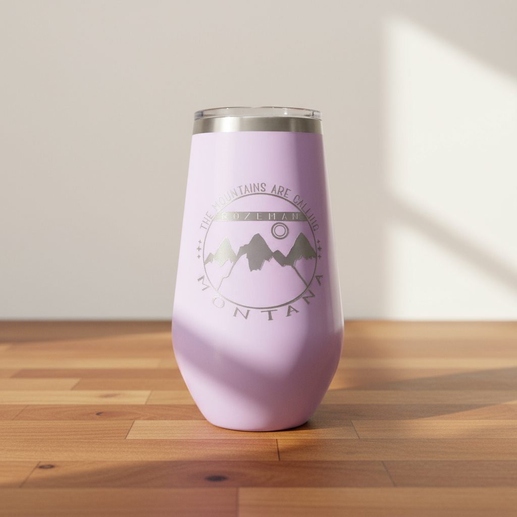 Pink tumbler with mountain design on a wooden surface