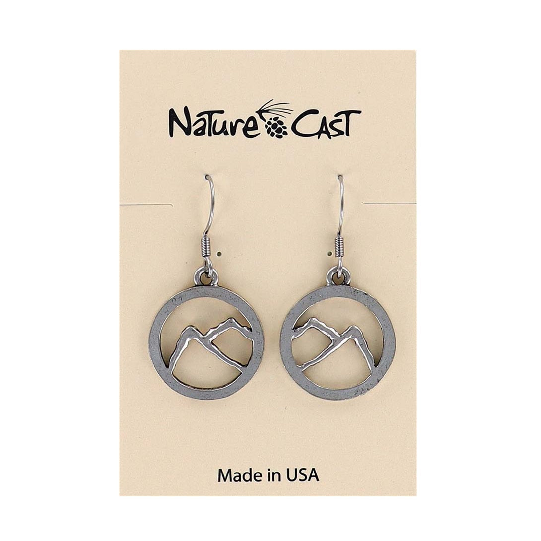 Silver mountain-shaped earrings on a 'Nature Cast' branded card with 'Made in USA' text.