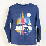 Blue long-sleeve shirt with colorful forest design and 'Montana' text on a white background