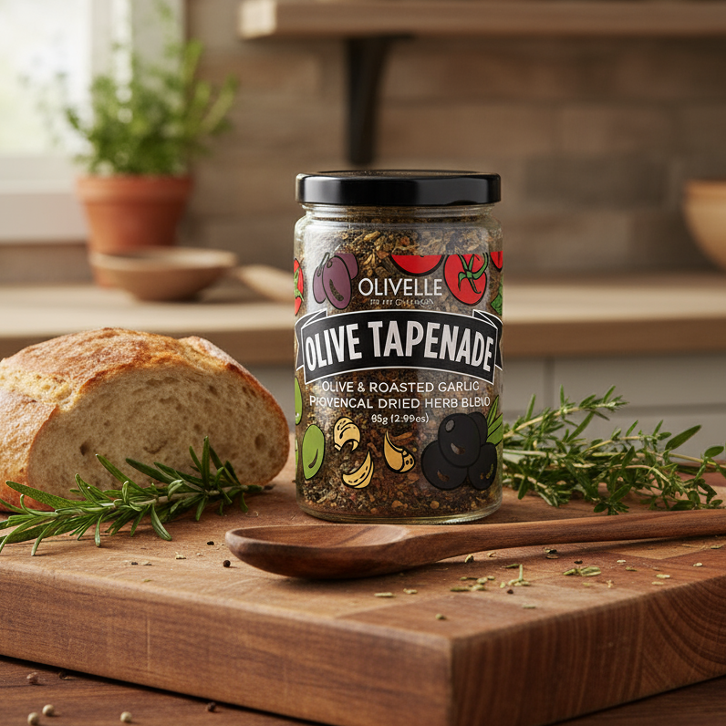 Jar of Olivelle Olive Tapenade on a wooden cutting board with bread and herbs.