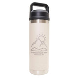 White insulated bottle with black lid featuring a mountain design and text on a white background
