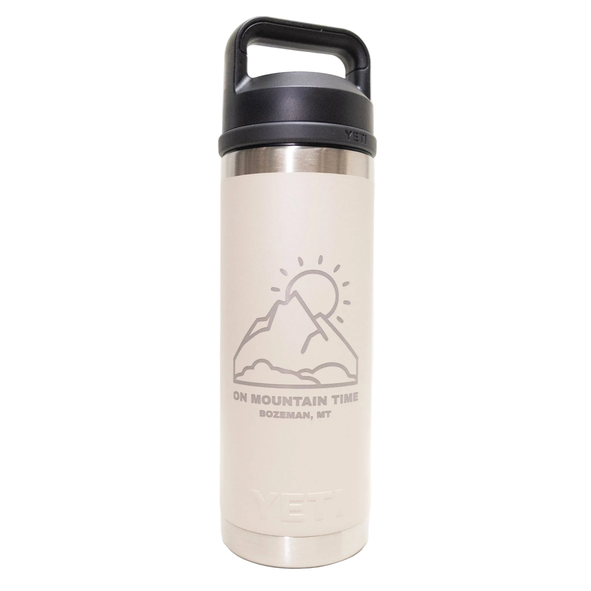 White insulated bottle with black lid featuring a mountain design and text on a white background