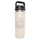 White insulated bottle with black lid featuring a mountain design and text on a white background