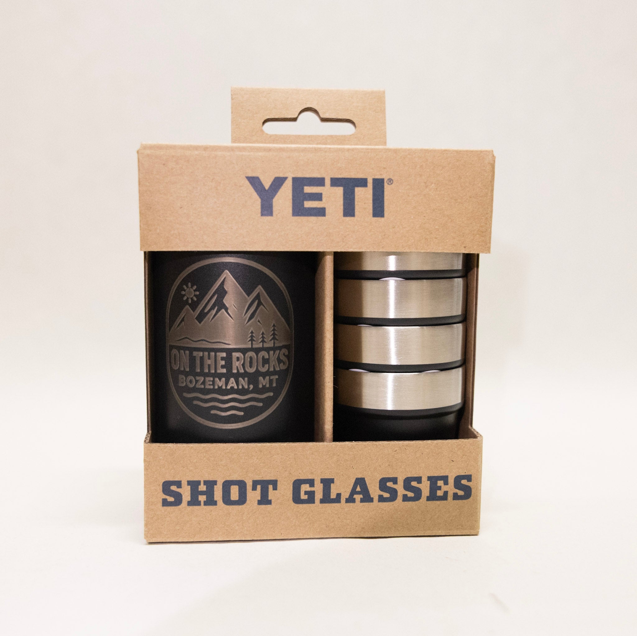 YETI shot glasses in packaging with 'On the Rocks' branding