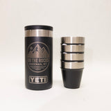 YETI travel mug with 'On the Rocks' branding on a white background