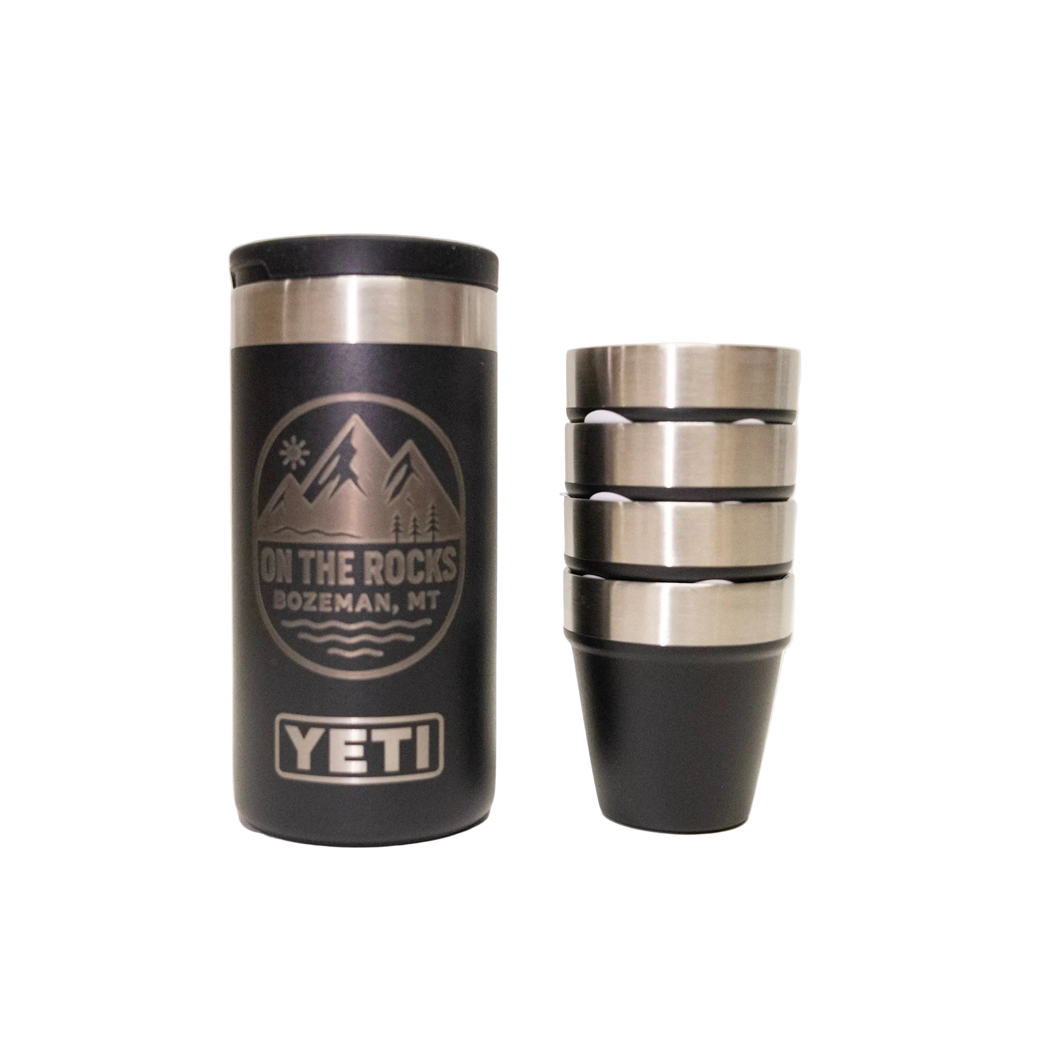 YETI travel mug with 'On the Rocks' branding on a white background
