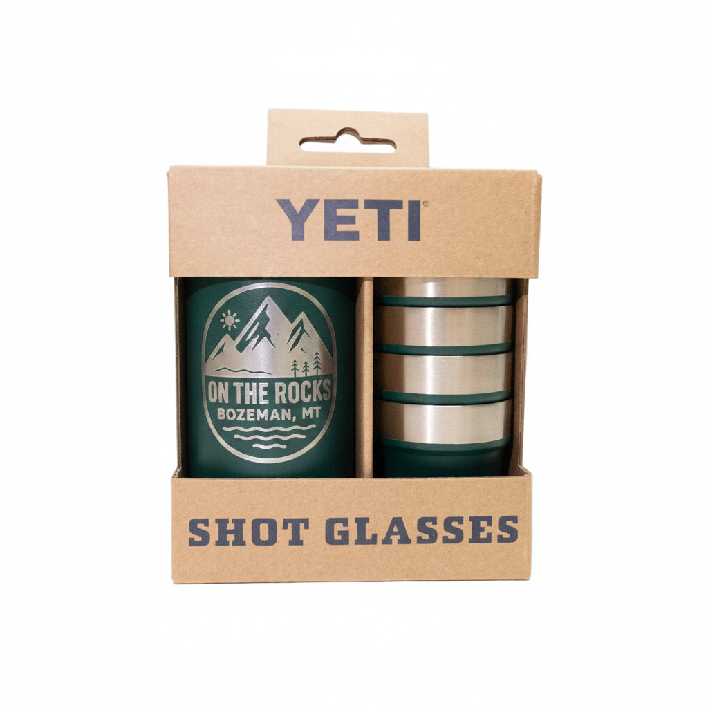 YETI shot glasses in packaging with brand logo