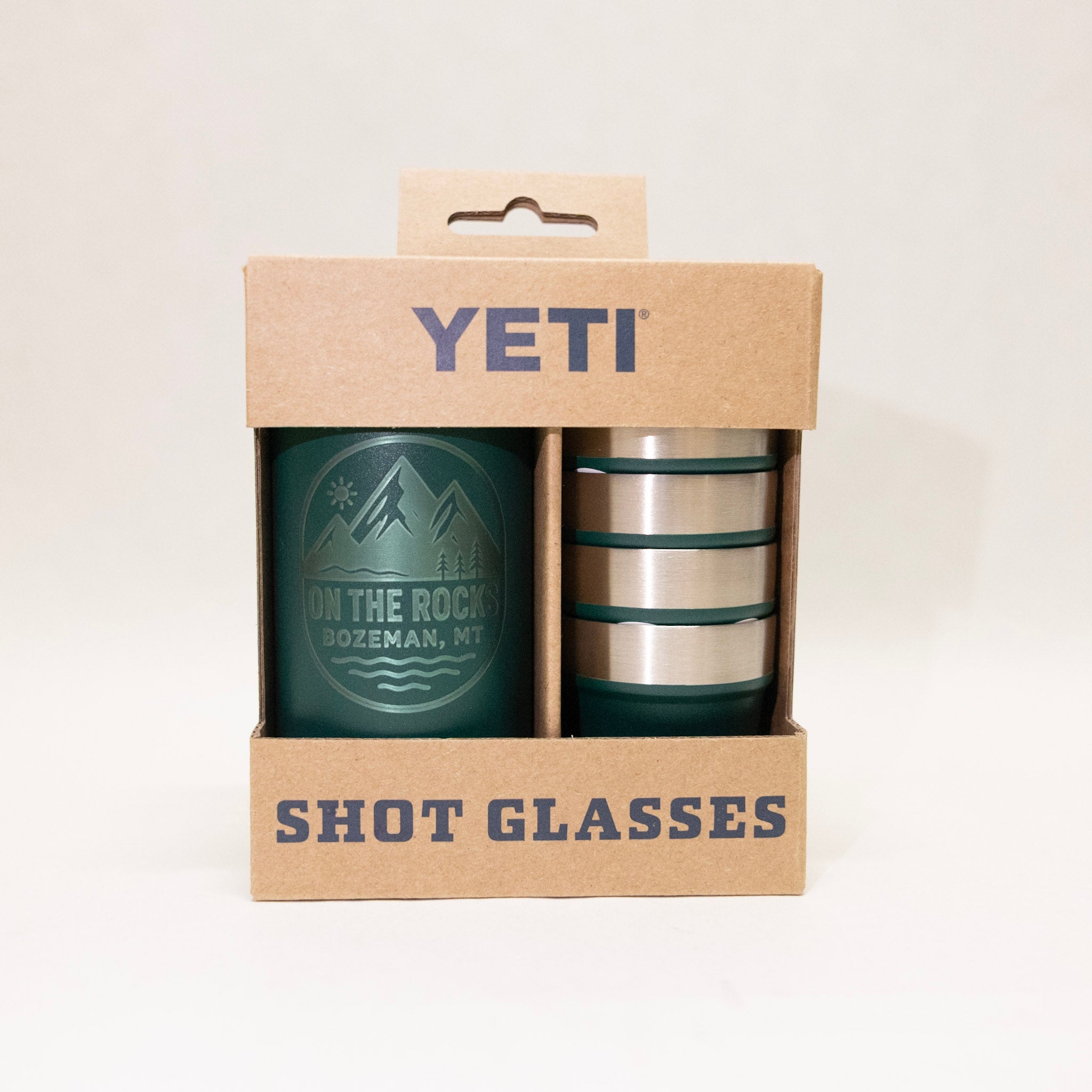 YETI shot glasses in packaging with brand logo