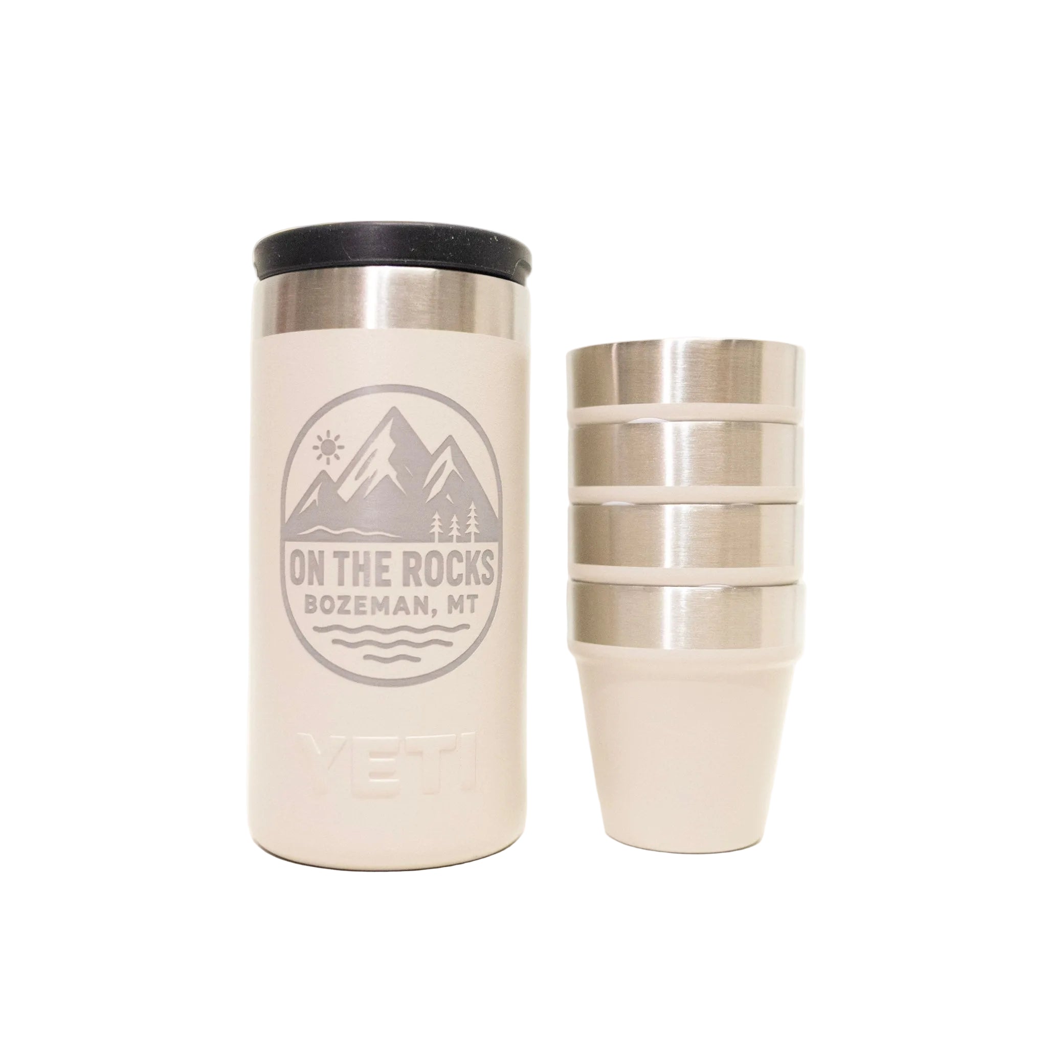 Two stainless steel tumblers with a logo and text on a white background